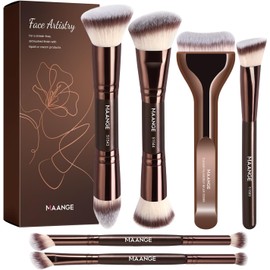 MAANGE Brochas para Maquillaje Profesional, Set de Brochas para Maquillaje de 6 Piezas con Caja de Regalo, Brochas de Doble Punta para Base, Polvo, Contorno y Ojos (Marrón oscuro)