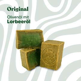 Green Fadel Aleppo Soap - Original - Olive Oil & Laurel Oil, 3 x 200 g, Includes Soap Bag, Handmade, Vegan, Pure Natural Soap, for Face & Body, Hand Soap, Shower Soap, Natural Product