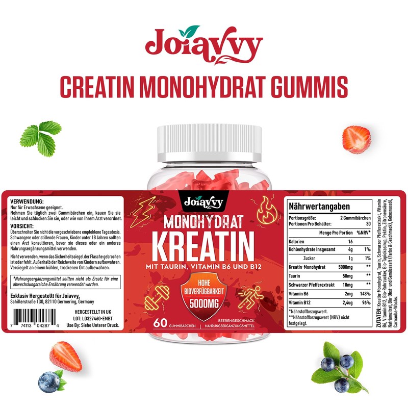 Joiavvy Joiavvy 5000mg Creatine Monohydrate Gummies, Low Sugar, Vegan, Gluten-Free,