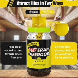 Reusable Fly Traps Outdoor Bottles, 3 Pack Fly Killer Catcher Jar with 6 Natural Magnet Bait Refills Lure, Flies Bug Insect Trap Control Outdoor Hanging for Outside Barns, Stable, Patio