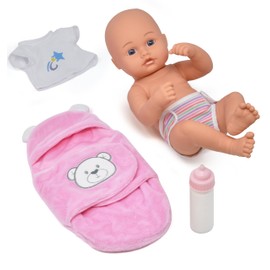 Newborn 12 Inch Baby Doll Girl with Swaddle Blanket and Accessories for Toddlers Girls Realistic Baby Doll with Disappearing Milk Bottle Clothes Pink Cuddly Blanket First Baby Doll Pretend Playset Toy