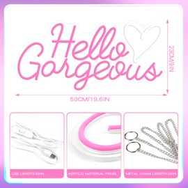 RumonZS Hello Gorgeous Neon Sign Dimmable Pink LED Light for Wall Decor & Bedroom, Perfect for Wedding, Birthday Backdrop, Bachelorette Party - 19.6 x 9.4 Inch USB Powered