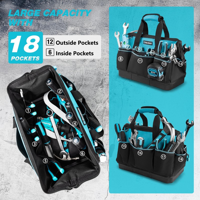 DURATECH 16-Inch Heavy Duty Tool Bag with Waterproof Hard Bottom,