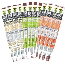 Beef Jerky Variety Pack, Iowa Smoked Recipe 3 Flavors, No Sugar, Non-GMO, 100% Grass Fed Beef Sticks. No Nitrates, Gluten, Soy, MSG, Dairy, or Nuts. Paleo, Whole30 and Keto Snack. Low Calorie High Protein Meat Stick (8 Original, 8 Garlic, 8 Jalapeño, 24 