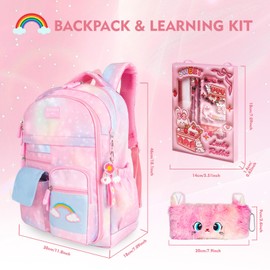 QJHEC Kawaii Rainbow Backpack for Girls – Cute Starry School Bags for Kids & Teens with Plush Pen Case & 6-Piece Study Supplies Set, Children's Bookbag for Elementary – Pink 17.5inch
