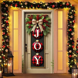 BlissYard Christmas Door Cover JOY Hanging Banner Backdrop Photography Background Decoration Festive Bow Greenery 71x35 Inch Xmas New Year Winter Photo Background Decorations（Banner Not a Real Wreath）