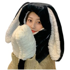 Women Cute Rabbit Ear Plush Beanie Cap Outdoor Fluffy Bunny Hat Scarf Set Indoor Warm Thick Fleece Animal Hoodie Black