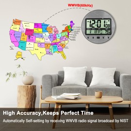 Digital Atomic Clock - Stainless Steel Dial Round Self-Setting Digital Wall Clocks Battery Operated for Kitchen,Bedroom,Living Room,Office - Easy to Read and Set,Auto DST,Silver