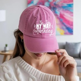 QFM Unisex Vintage Washed Distressed Baseball Cap Adjustable Dad Hat My Birthday Letter Print Graphic Hat for Men Women-Pink