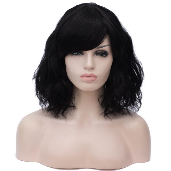 BERON 14’’ Women’s Bob Curly Black Wig with Bangs for Women Halloween Cosplay Wig for Daily Use Synthetic Wigs (Black)
