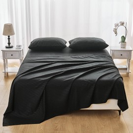 Kingnex Oversized King Flat Sheet 132x110 with Striped Pattern for Extra Wide Tall King or Cal King Bed Durable Soft Brushed 1800 Microfiber Top Sheet Only Black