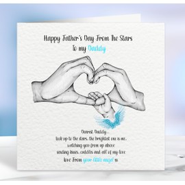 Memorial Father's Day Card with Heart Hand Design, Angel Theme, White Luxury Hammered Card. Fathers day from Heaven (Blue)