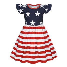 WonderBabe Girls 4th of July Outfit American Flag Stars Striped Dress Flutter Sleeve Patriotic Clothes Independence Day Dresses Girls Memorial Day Outfit Size 9-10 Years