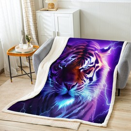 Tiger Kids Throw Blanket,Lightning Starry Sky Bed Blanket for Boys Men,Wildlife Hunting Animal Adventure Rustic Fleece Blanket,Purple Brown Fashion Fuzzy Blanket,Throw Size (50 x 60 Inches)