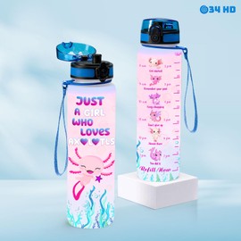 34HD Axolotl 32oz Water Bottle, Cute Motivational Bottle for Women, Gym Bottle with Time Marker, Hydration Gift for Wife, Birthday Christmas Gifts for Axolotl Lovers
