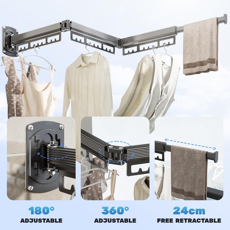Greraes Clothes Drying Rack Wall Mounted,Expandable Drying Rack Clothing(Tri-Fold),Laundry Space