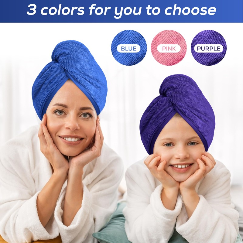 DK Essentials Premium Microfibre Hair Towels (65x25, Blue, Pink, Purple)