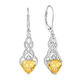 FJ Infinity Celtic Knot Earrings Leverback Dangle Drop Earrings 925 Sterling Silver Heart Citrine November Birthstone Earrings Irish Good Luck Jewellery for Women