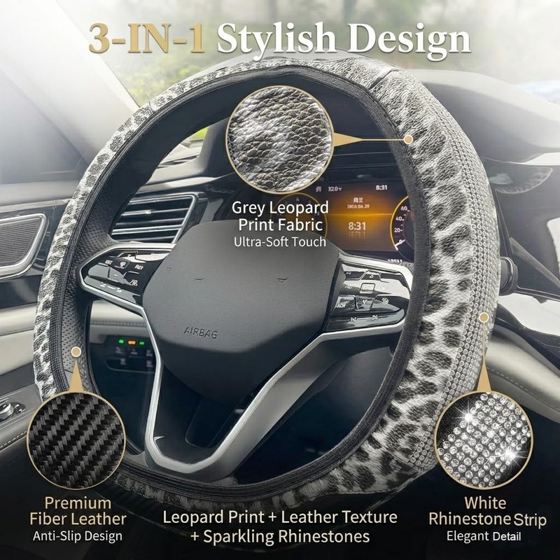 JDDRY PVC Leather Steering Wheel Cover, Leopard Steering Wheel Protector,