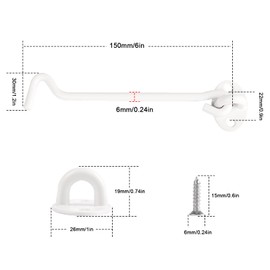 JatilEr 2 Pcs Cabin Hook, 6 inch Stainless Steel Gate Hook and Eye Latch Barn Door Lock Gate Door Swivel Window Door Hook Outside with 8pcs Mounting Screws for Shed Gate or Garage Door (White)