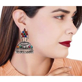 Traditional Designer Indian Afghani Oxidiised Silver Ethnic fUSION Handmade Junk Bohemian Style Dangle Jhumka Earrings (Silver)