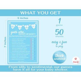 Party Hearty Baby Shower Games for Boy, 50 pcs Blue Mommy or Daddy Guess Who Game, Fun Activity Cards, Ideas