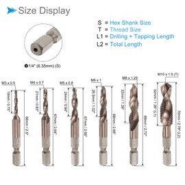 CoCud Metric Combination Drilling and Tapping Tool Set, M3 M4 M5 M6 M8 M10 Thread 1/4" Hex Shank, VAPD Coated Drilling and Tapping Tools 6 Pieces