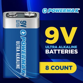Powermax 8-Count 9V Batteries, Ultra Long Lasting Alkaline Battery for Home and Office, 7-Year Shelf Life, Reclosable Packaging