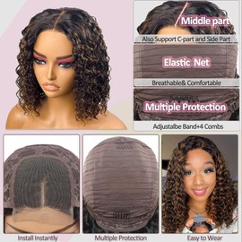 Beaushine Ombre Highlight Bob Wig Human Hair Water Wave 4x4 Curly Lace Front Human Hair Wigs Pre Plucked 180 Density 1B/30 Short Wet and Wavy Glueless Bob Lace Closure Wigs (Black Brown, 12inch, Wavy)