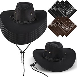 6 Set Cowboy Party Hats Western Cowboy Hat Costume Polyester Bandanas Headbands Cowboy Hats Party Pack Men's and Woman Square Scarf for Costume Party (Black, Cool Style)