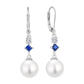 EJARY 10mm Pearl Earrings for Women 925 Sterling Silver Dangle Drop September Birthstone Blue Sapphire Earring Cubic Zirconia Leverback Jewelry