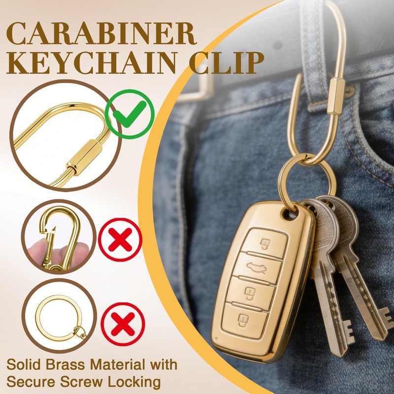 6Pcs Brass Gold Carabiner Oval Key Ring, Anti-Theft Screw Lock