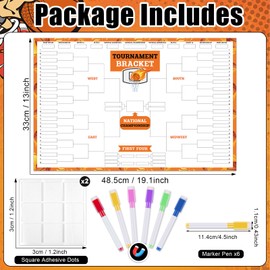 Basketball Tournament Bracket Poster Set Includes 19 x 13lnch Reusable Dry Erase Bracket Board Poster with 6 Color Magnetic Dry Erase Markers and Eraser for School Classroom Home Office (64 Team)