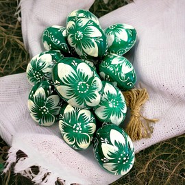 Ukrainisches Kunsthandwerk® Wooden Easter Eggs Hand Painted with Hanger for Outdoors. Pack of 12 (Green/White) Garden Decoration for Easter. Gift Idea for Easter