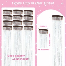 12Pcs Hair Tinsel Clip in Extensions 19.6Inch Glitter Tinsel Hair Extensions Heat Resistant Clip in Hair Tinsel kit Shiny Sparkle Fairy Hair Accessories for Women Girls Kids (Silver)