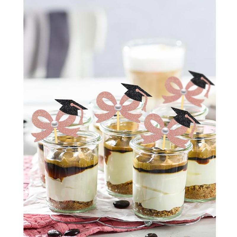 24 Pcs Gold Bow Graduation Cupcake Toppers, Grad Bow Cupcake