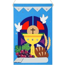Jcwto First Communion Banner Kit - Holy 1st Communion Felt Banner Kit Baptism Christian Cross DIY Craft Decorations, Make Your Own Sunday School Church Hanging Crafts Supplies for Boys (Blue)