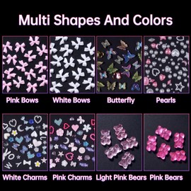 Pink Color White Butterfly Bow Variety Charms for Nails, Acrylic Butterfly Bowknots Pearls Nail Charms for Manicure DIY Craft Jewel Accessories