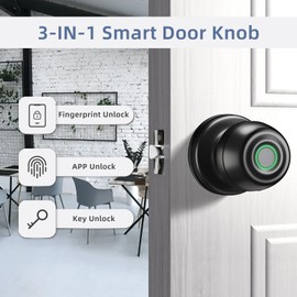 EUERTE Smart Door Knob, Fingerprint Door Knob, Biometric Smart Door Lock with App Control, Metal Alloy Door Knobs, Easy Installation, Great for Bedrooms, Cloakroom, Apartments Offices, Hotel(Black)