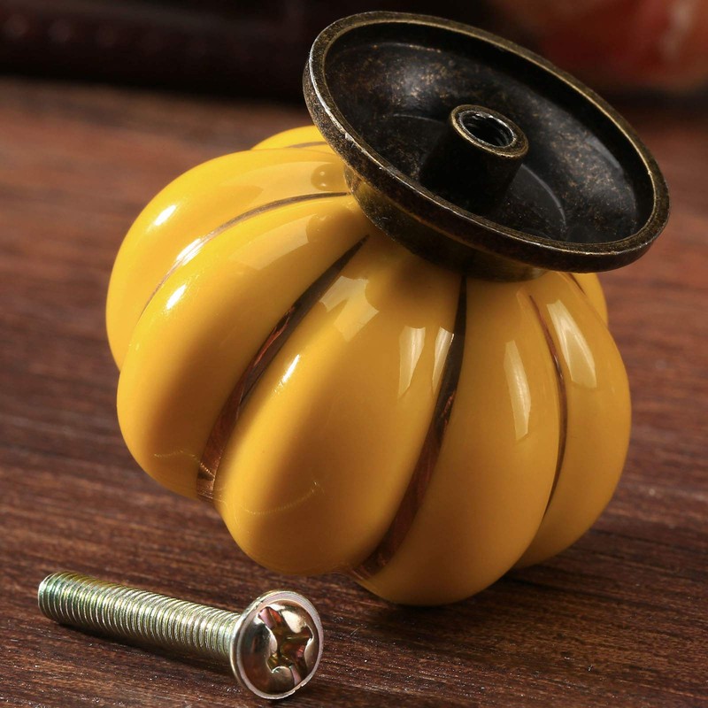 Mgoodoo Pair of Yellow Pumpkin Ceramic Furniture Knobs