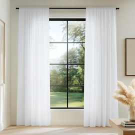 FMFUNCTEX Sheer Non-See-Through White Curtains for Bedroom, Faux Silk That Let Light Curtains 96 inches Long Light Filtering Privacy Sheer Window Drapes for Living Room, Rod Pocket 2 Panels Set