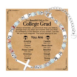 WIKHIA Graduation Gifts for Her- Class of 2025 College Master Degree Grad Gift, Adjustable Stainless Steel Beaded Cross Bracelet for Daughter Granddaughter Niece