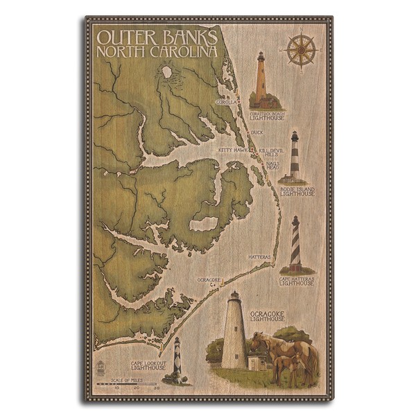 Lantern Press Outer Banks, North Carolina - Lighthouse and Town Map (10x15 Wood Wall Sign, Wall Decor Ready to Hang)