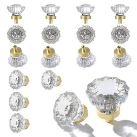 CEYMIO Crystal Knobs for Drawers 16 Pack Brushed Gold Glass Knob, Vintage Cabinet Antique Pulls for Drawer Closet Dresser Cupboard, 1.5 Inch Satin Brass Base Decorative Cabinets Knobs Set