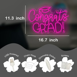 Congrats Grad Neon Sign USB Powered for Prom Party Wall Decor,Pink Grad LED Light Up Sign Adjustable for Prom Night Dorm Class Room Graduation Season Party Backdrop Decoration Gifts for Her