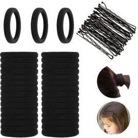 Women's Hair Scrunchies, Pack of 50 Hair Bobbles with 50 Small Hair Clips, Black, Hair Bobbles for Women, Girls, Hair Scrunchies Black, Hair Scrunchie Set for Women, Girls, Children