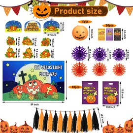 Preboun 83 Pcs Halloween Christian Pumpkin Trunk or Treat Car Decorations Kit Include 9 Pumpkin Border Decorations 6 Pumpkin Lantern 30 Plastic Bags 30 Cards 6 Paper Fans Tassel Background for Garage