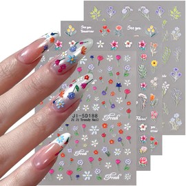 FSpronail Flower Nail Stickers for Nail Art, 5D Embossed Nail Decals Self-Adhesive Spring Summer Small Pink Purple Flowers Sticker Lavender Daisy Tulip Rose Leaf Plant Design Manicure Pegatinas Uñas