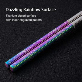 Chopsticks Reusable Metal Chopsticks Titanium Plated 18/8 Stainless Steel Chopsticks Dishwasher Safe Premium Non-Slip Laser Engraved Chop Sticks Korean Chopsticks 2 Pairs Gift Set Rainbow Silver