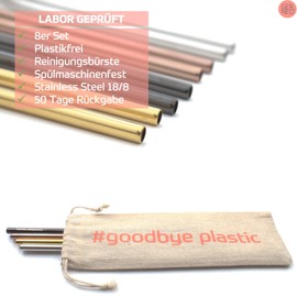 GERNEO® - Laboratory Tested - Reusable Straw 304 Stainless Steel - Set of 8 + Cleaning Brush + ToGo Bag - Return Policy, Suitable for Children, Environmentally Friendly & Plastic-Free (Colour
